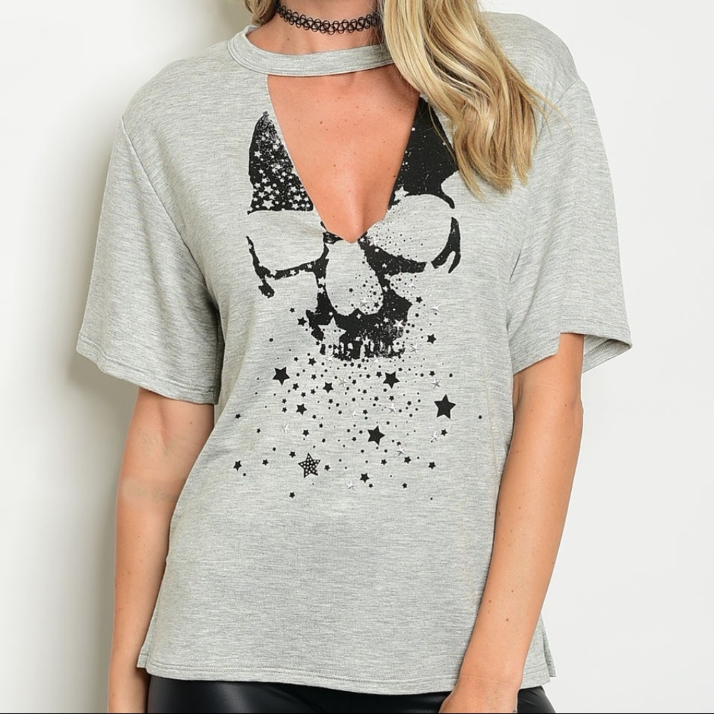  HP 5-20 Skull Stars Graphic Choker Vneck Tee - Picture 2 of 8